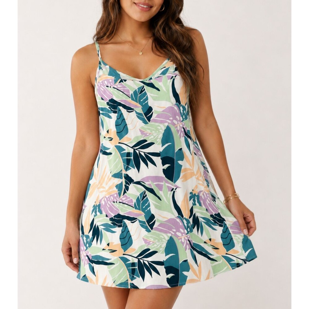 Roxy Women’s Medium Tropical Leaf Sundress V-Neck Tie Waist Mini Dress